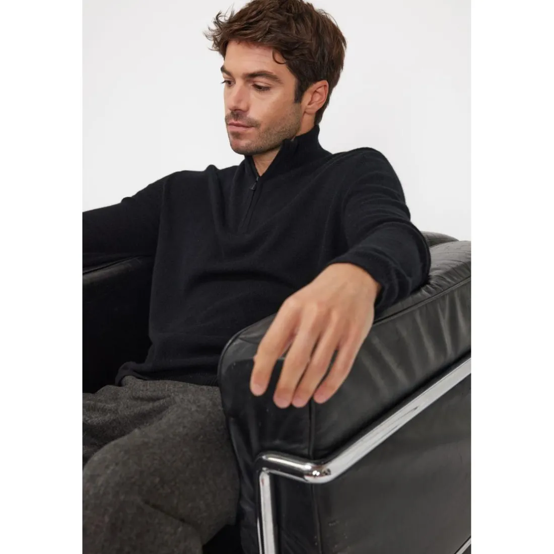 Pull col zippe montant homme ZALMAN en cachemire noir
