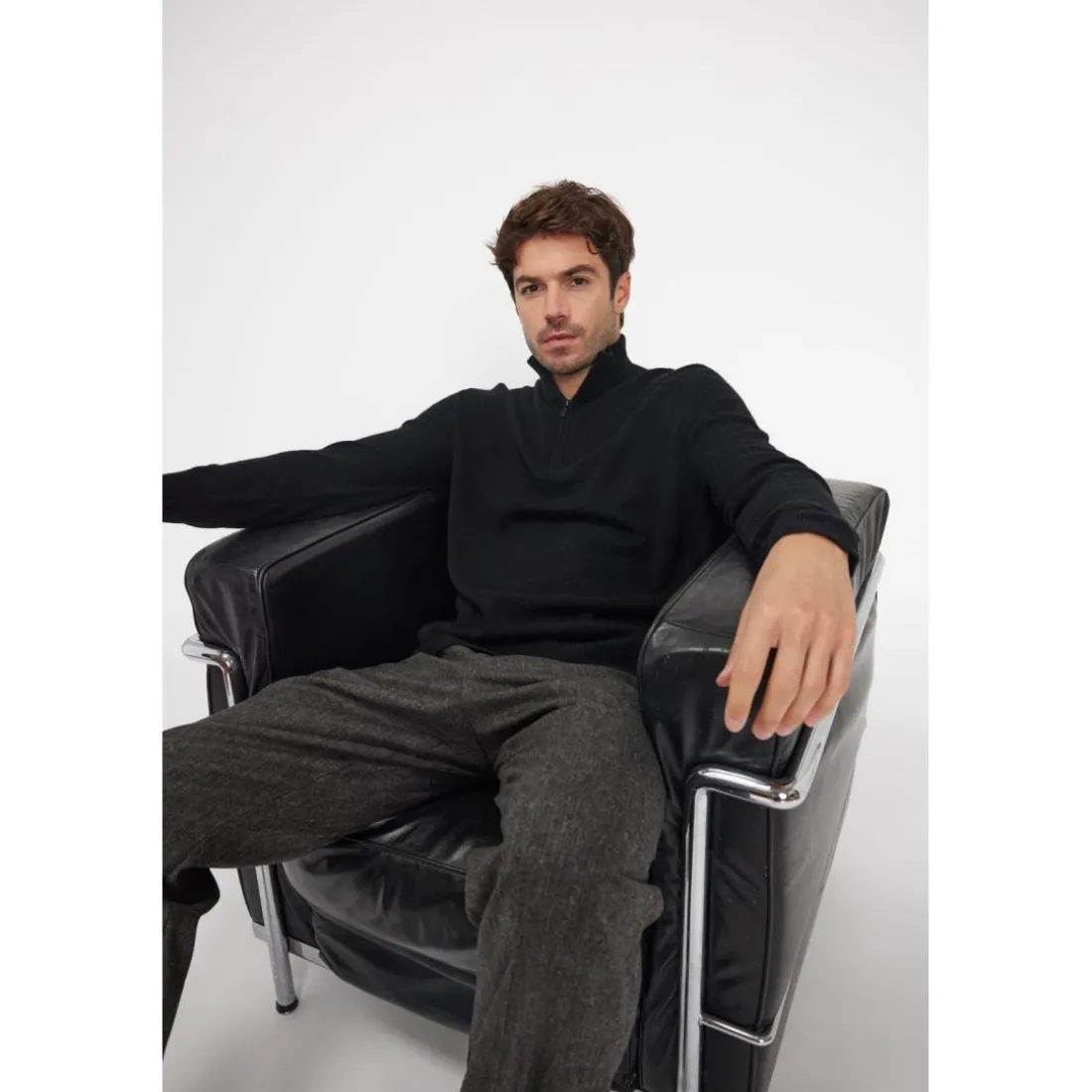 Pull col zippe montant homme ZALMAN en cachemire noir