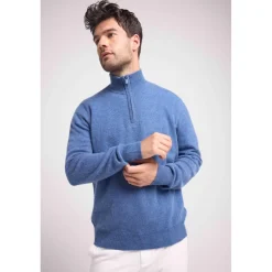 Pull col zippe montant homme ZALMAN en cachemire bleu jean
