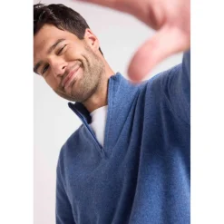 Pull col zippe montant homme ZALMAN en cachemire bleu jean