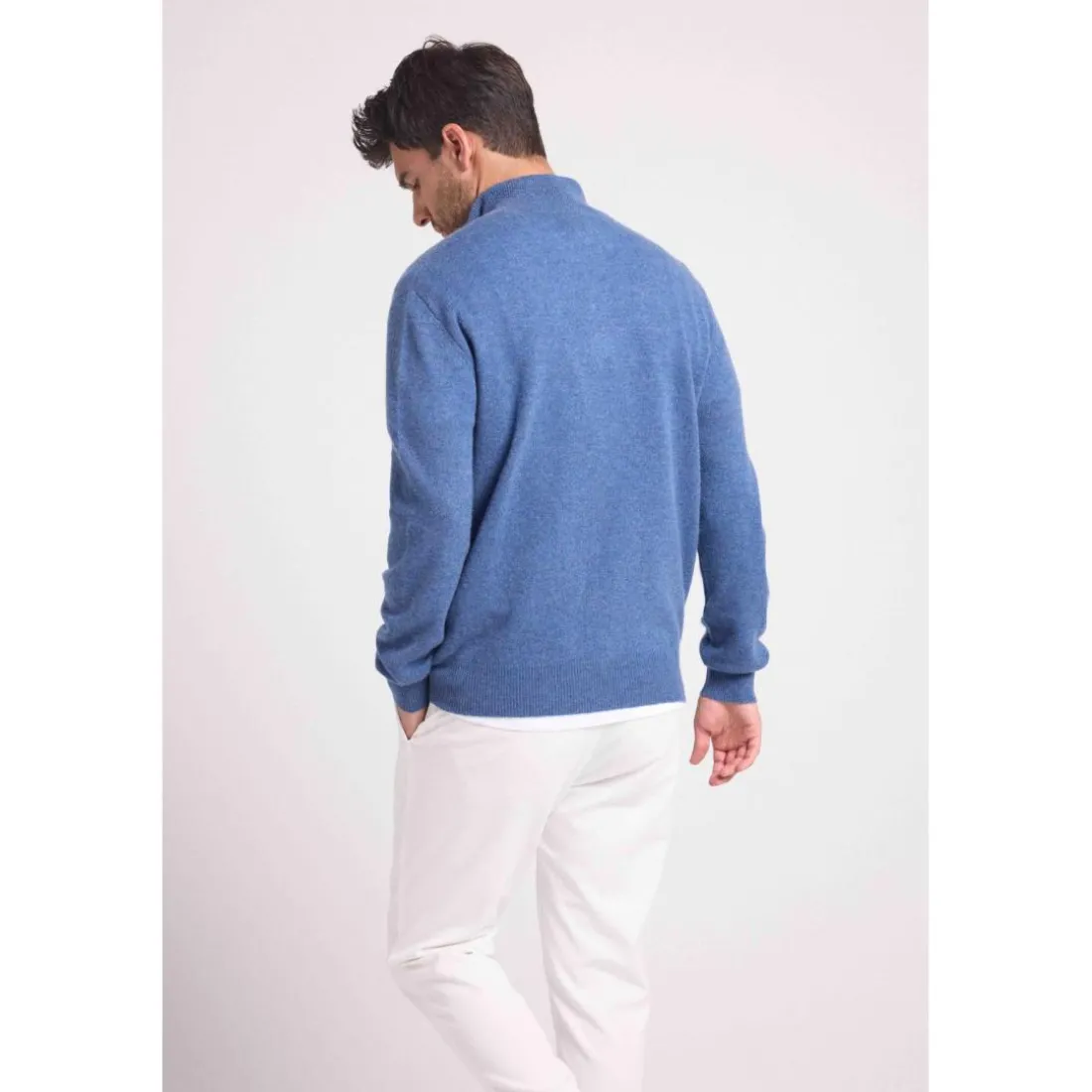 Pull col zippe montant homme ZALMAN en cachemire bleu jean