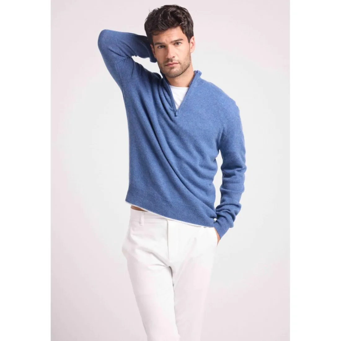 Pull col zippe montant homme ZALMAN en cachemire bleu jean