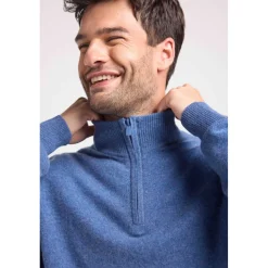 Pull col zippe montant homme ZALMAN en cachemire bleu jean
