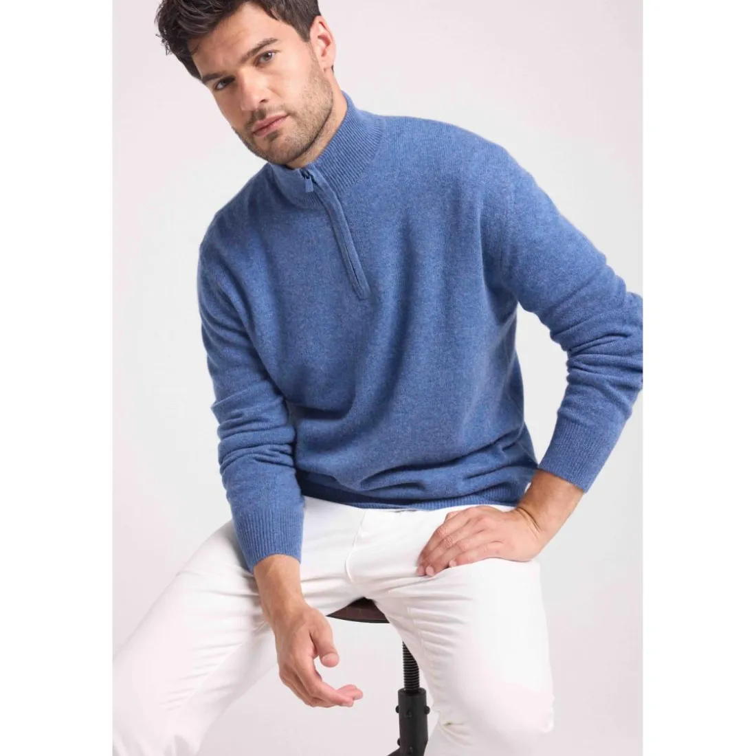 Pull col zippe montant homme ZALMAN en cachemire bleu jean