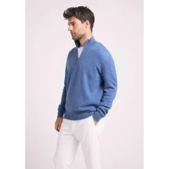 Pull col zippe montant homme ZALMAN en cachemire bleu jean
