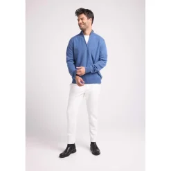 Pull col zippe montant homme ZALMAN en cachemire bleu jean