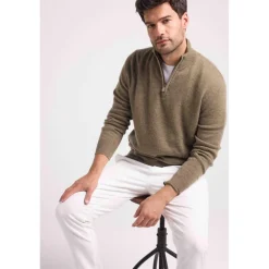 Pull col zippe montant homme ZALMAN en cachemire kaki
