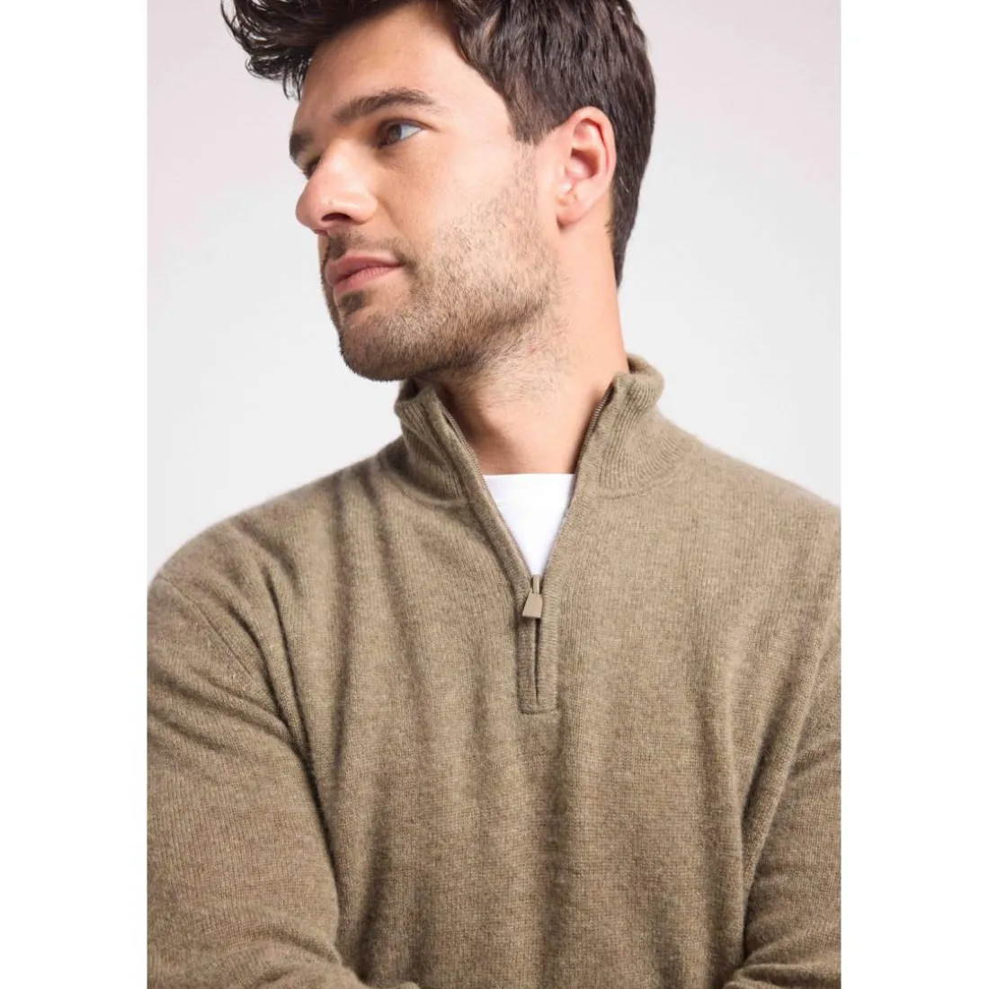 Pull col zippe montant homme ZALMAN en cachemire kaki