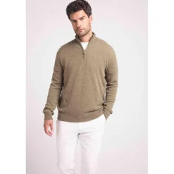 Pull col zippe montant homme ZALMAN en cachemire kaki