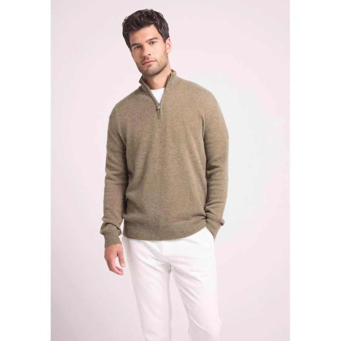 Pull col zippe montant homme ZALMAN en cachemire kaki