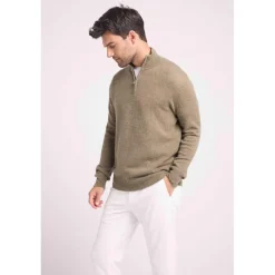 Pull col zippe montant homme ZALMAN en cachemire kaki