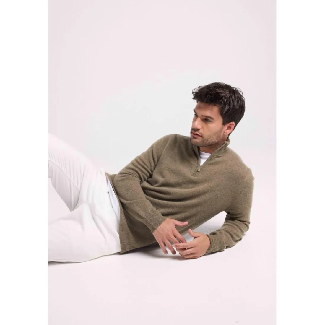 Pull col zippe montant homme ZALMAN en cachemire kaki