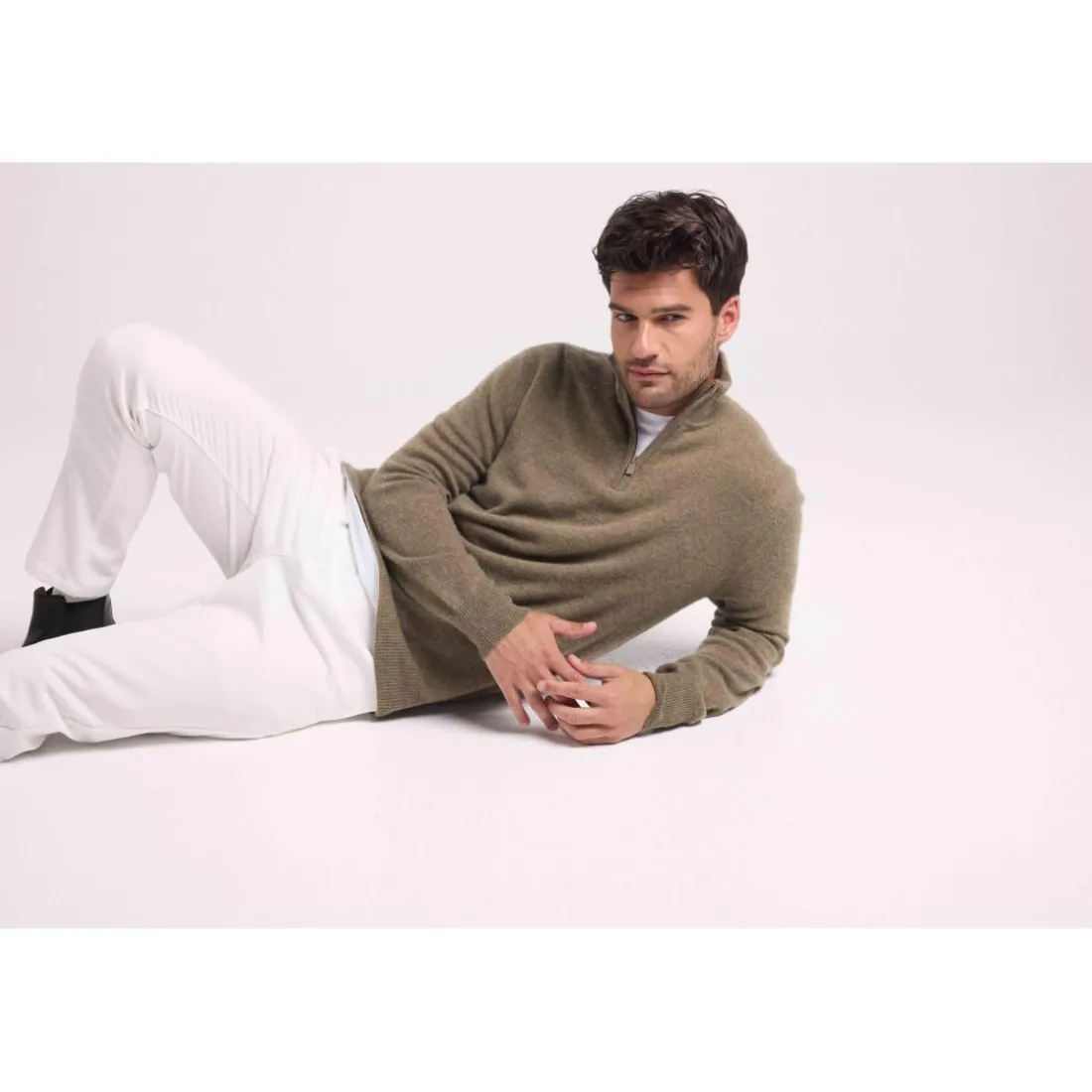 Pull col zippe montant homme ZALMAN en cachemire kaki