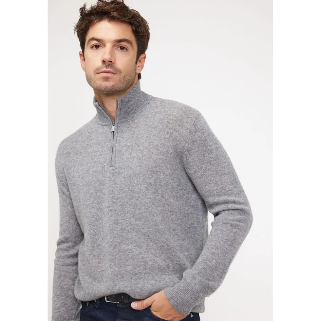 Pull col zippe montant homme ZALMAN en cachemire gris fonce
