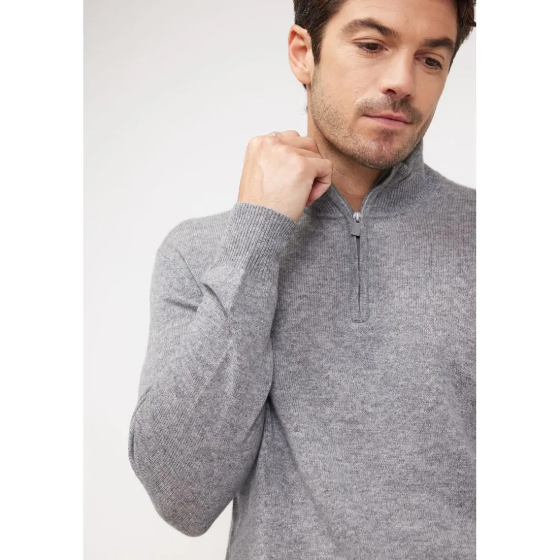 Pull col zippe montant homme ZALMAN en cachemire gris fonce