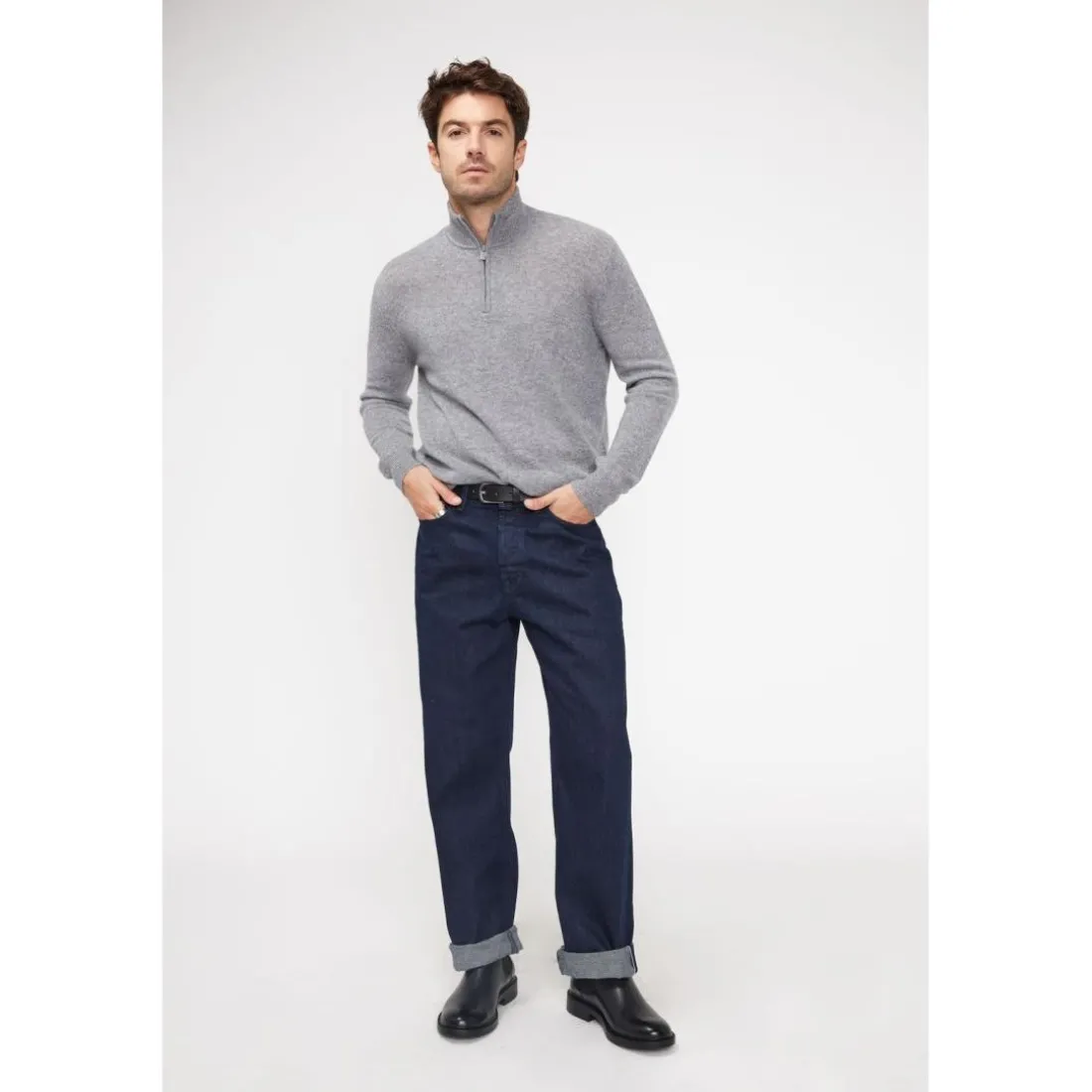 Pull col zippe montant homme ZALMAN en cachemire gris fonce