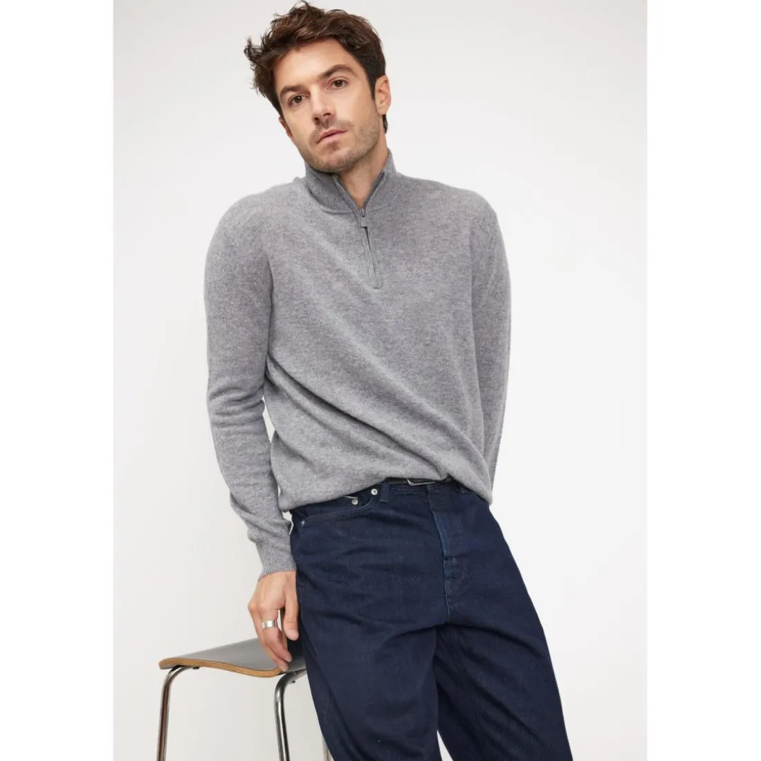 Pull col zippe montant homme ZALMAN en cachemire gris fonce