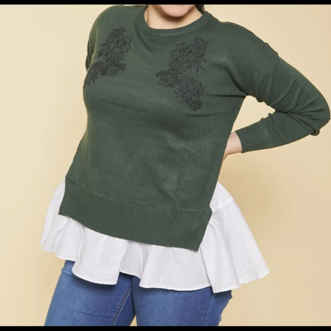 Pull effet 2 en 1 manches longues tissu contrasté et guipure grandes tailles femme - Vert Bouteille