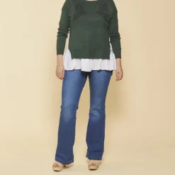 Pull effet 2 en 1 manches longues tissu contrasté et guipure grandes tailles femme - Vert Bouteille