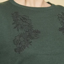Pull effet 2 en 1 manches longues tissu contrasté et guipure grandes tailles femme - Vert Bouteille