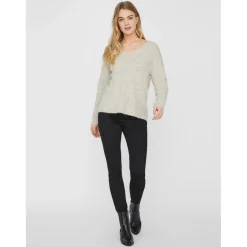 Pull en maille Col en V Manches longues beige Ida