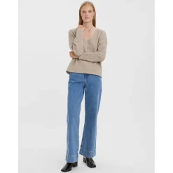 Pull en maille Col en V Manches longues marron Zara