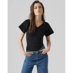Pull en maille Col en V Manches courtes noir