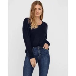 Pull en maille Col en V Manches longues bleu Xia