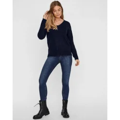 Pull en maille Col en V Manches longues bleu Xia
