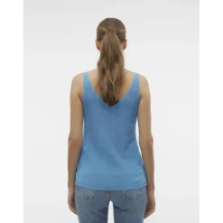 Pull en maille col en v sans manches bleu Maia