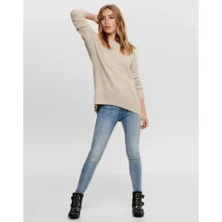 Pull en maille Col rond Manches longues Long beige