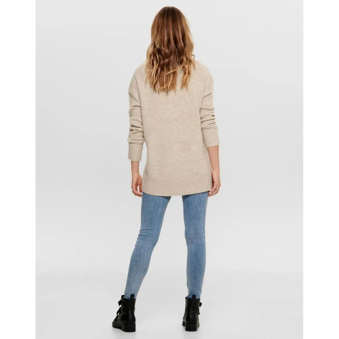 Pull en maille Col rond Manches longues Long beige