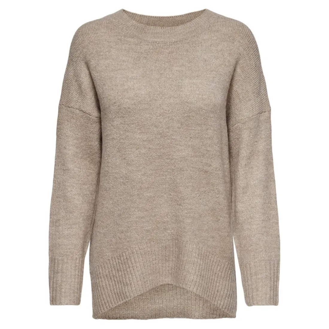 Pull en maille Col rond Manches longues Long beige