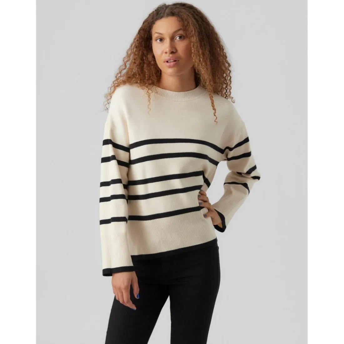 Pull en maille Rayures Col rond Manches longues Large beige gris Emma