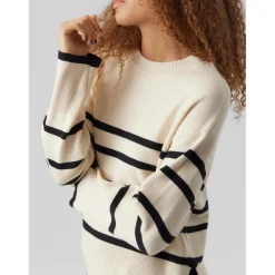 Pull en maille Rayures Col rond Manches longues Large beige gris Emma