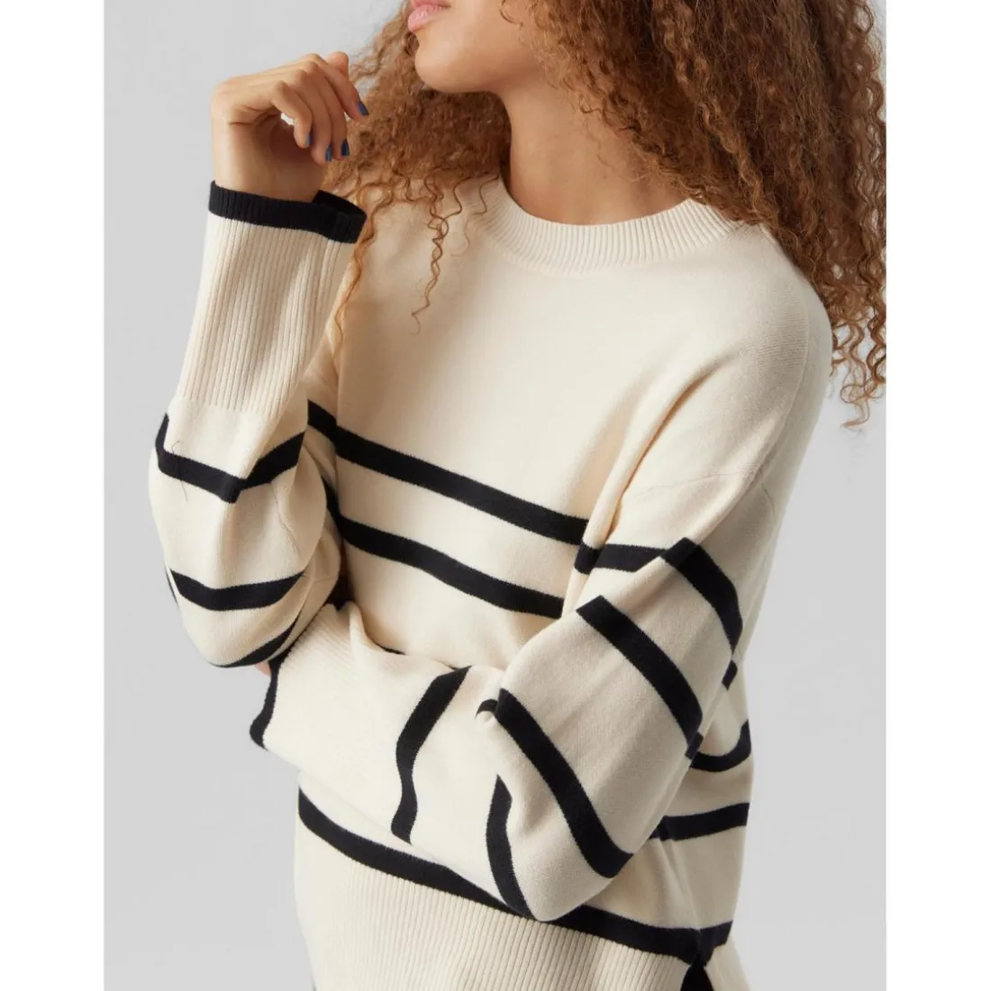 Pull en maille Rayures Col rond Manches longues Large beige gris Emma