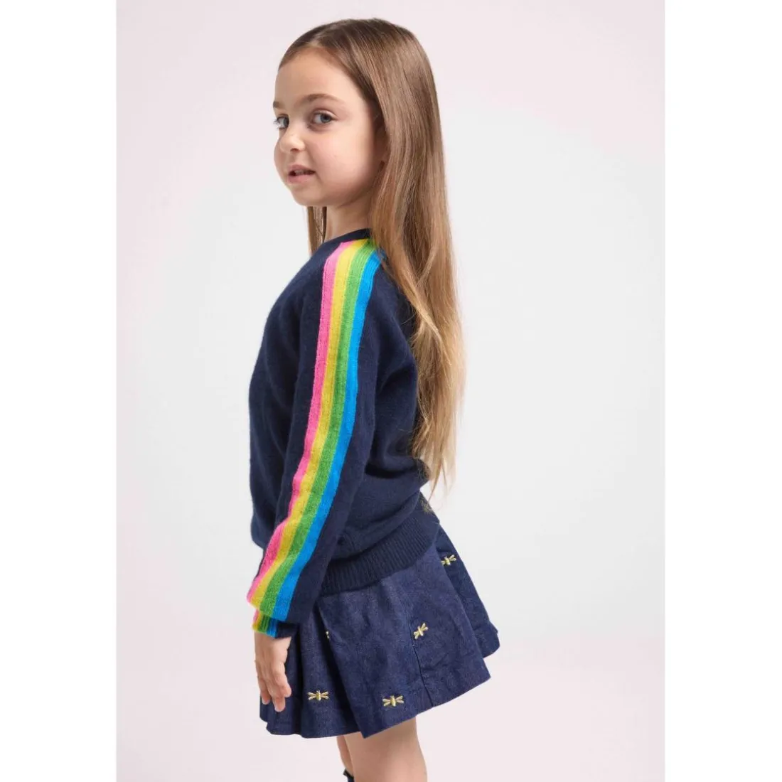 Pull enfant col rond bandes multicolores LUZ en cachemire bleu marine