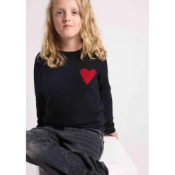 Pull enfant col rond cœur poitrine LENNY en cachemire noir cœur rouge