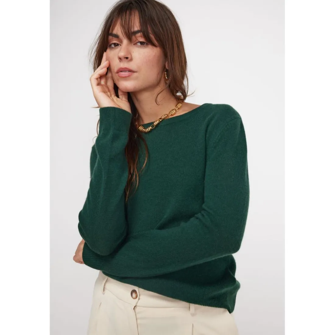 Pull femme col rond ZARA en cachemire vert sapin