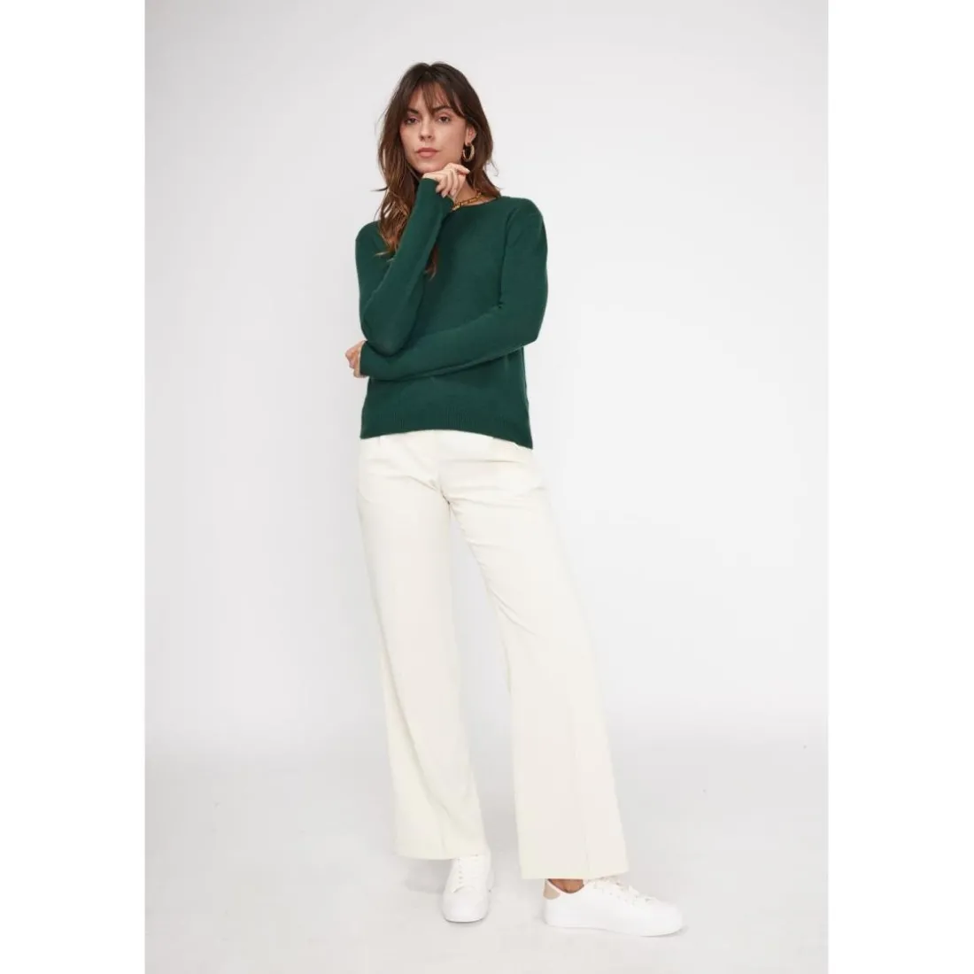 Pull femme col rond ZARA en cachemire vert sapin