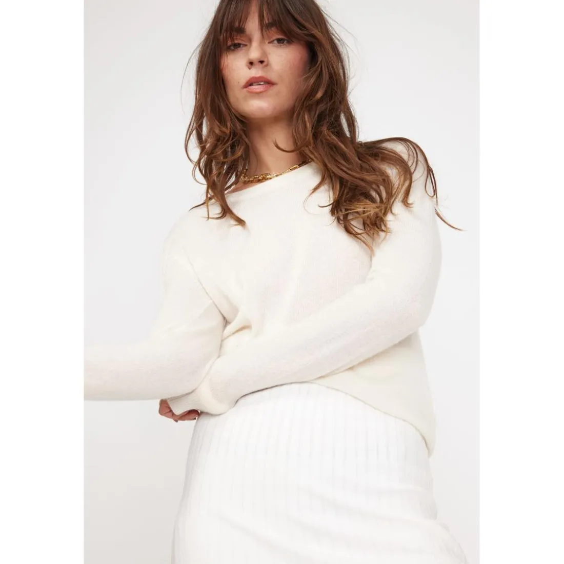 Pull femme col rond ZARA en cachemire ecru