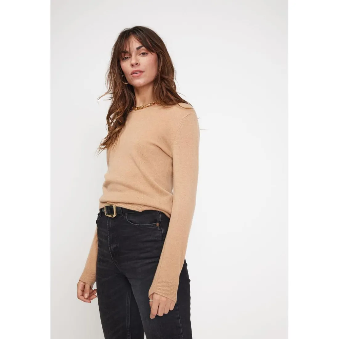 Pull femme col rond ZARA en cachemire beige