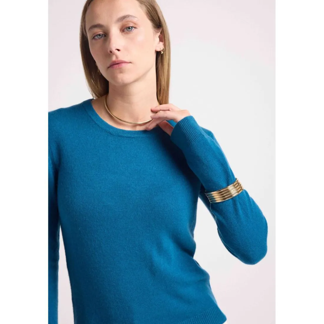Pull femme col rond ZARA en cachemire bleu peacock