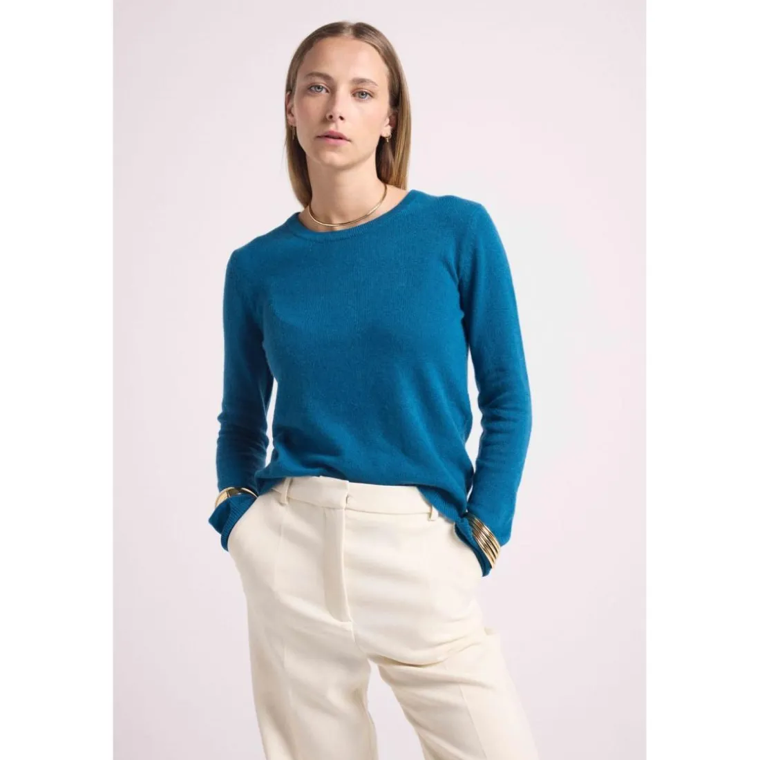 Pull femme col rond ZARA en cachemire bleu peacock
