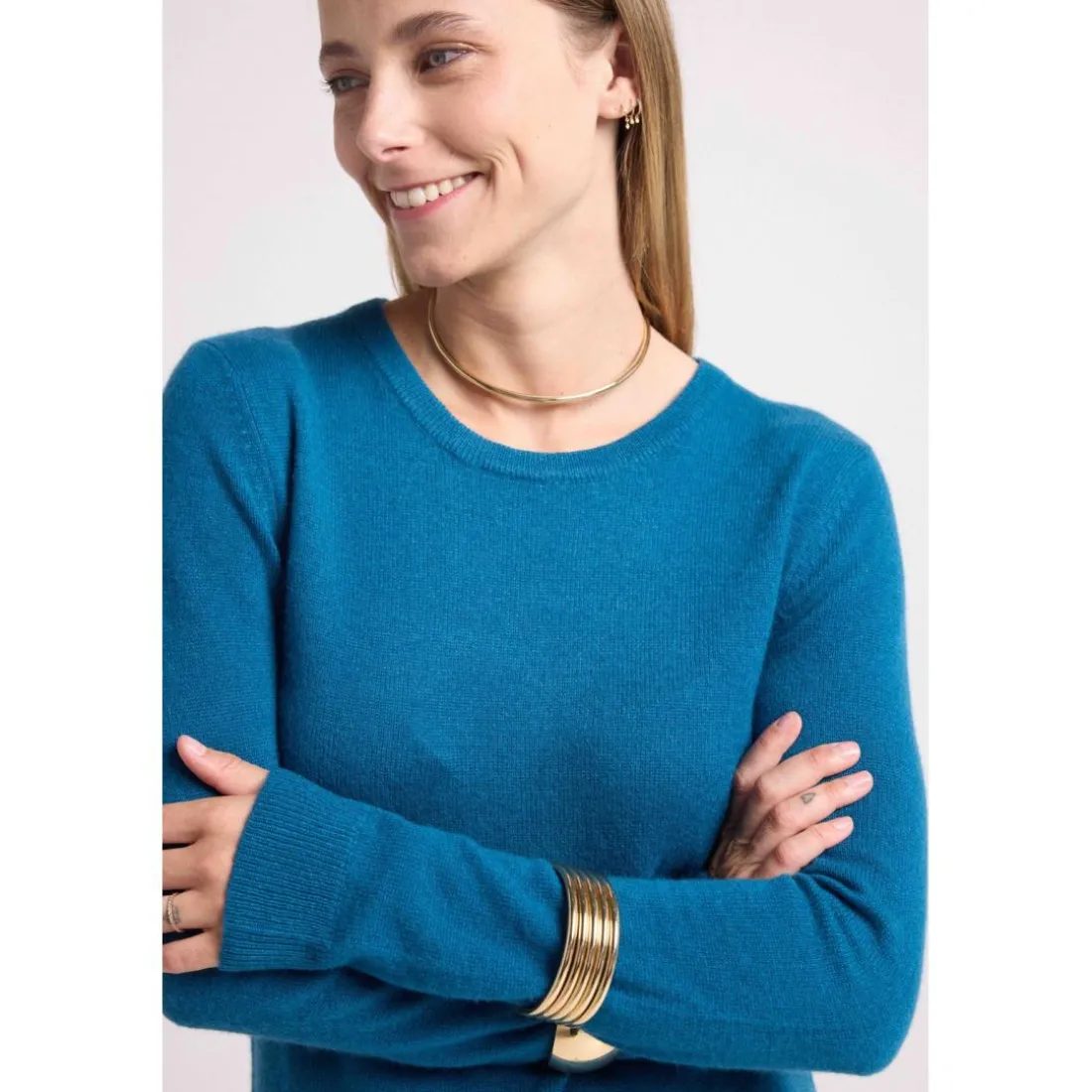 Pull femme col rond ZARA en cachemire bleu peacock