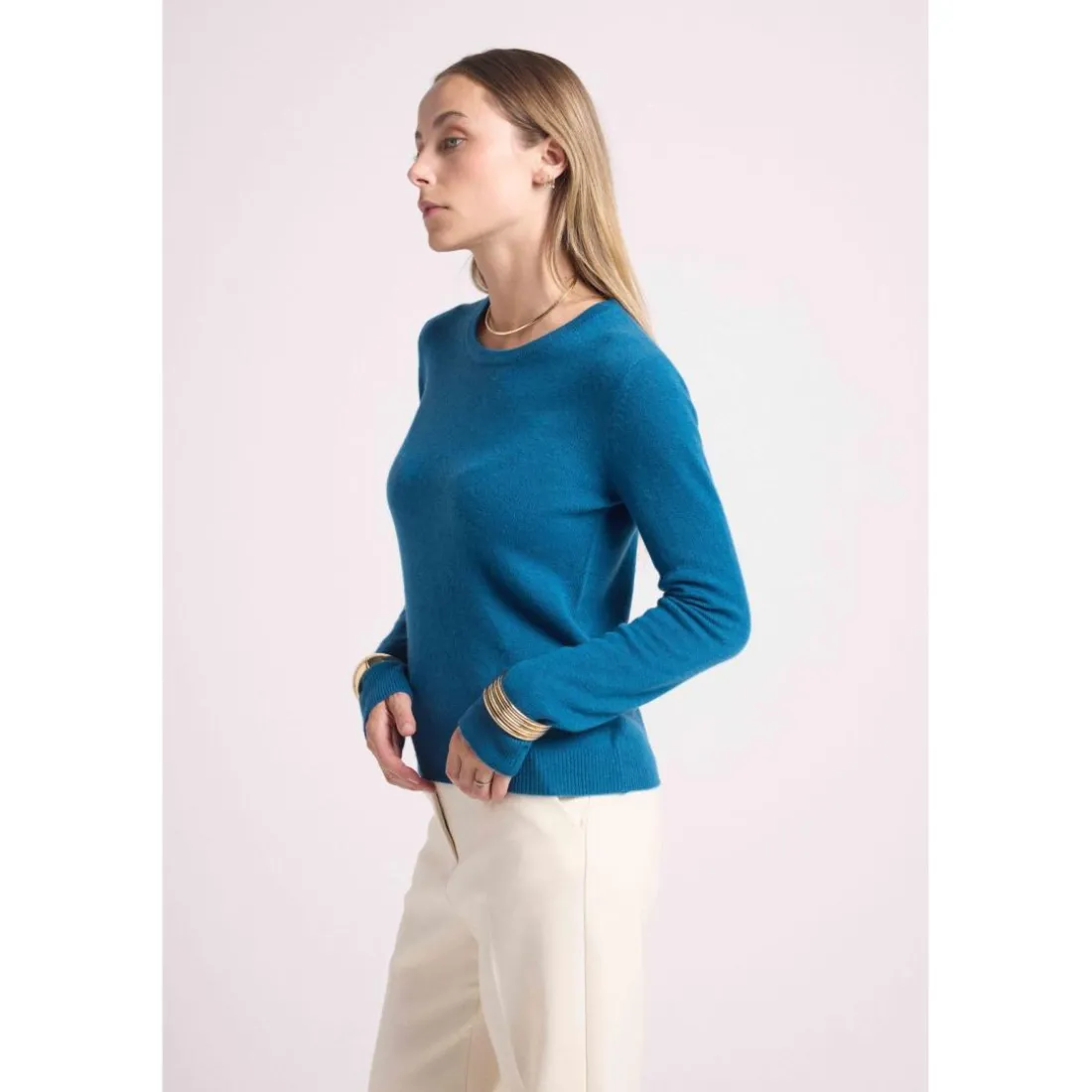Pull femme col rond ZARA en cachemire bleu peacock