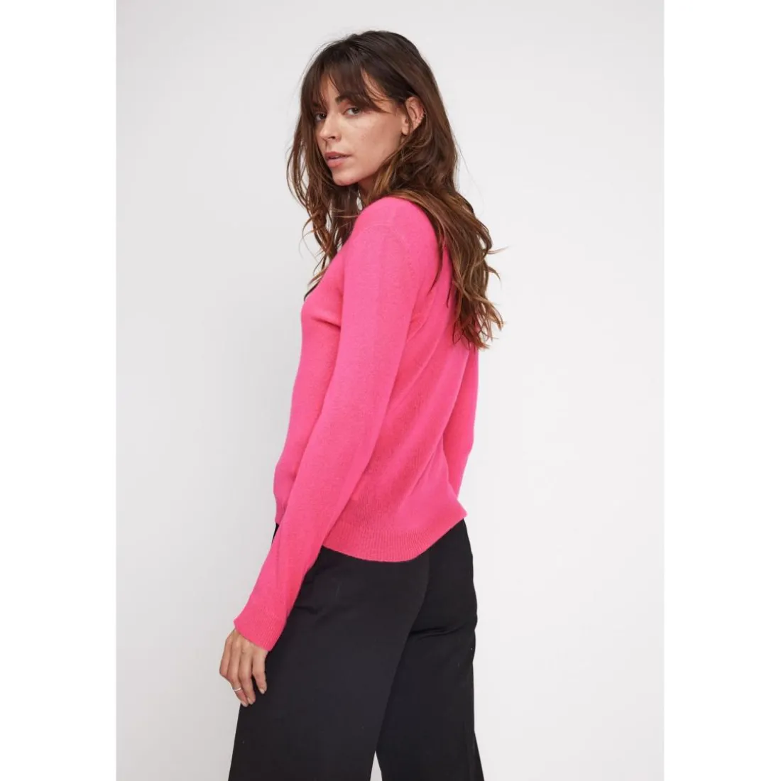 Pull femme col rond ZARA en cachemire rose fluo