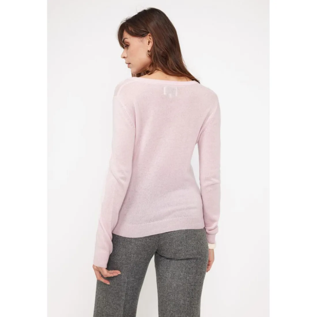 Pull femme col V ZEFINA en cachemire rose perle