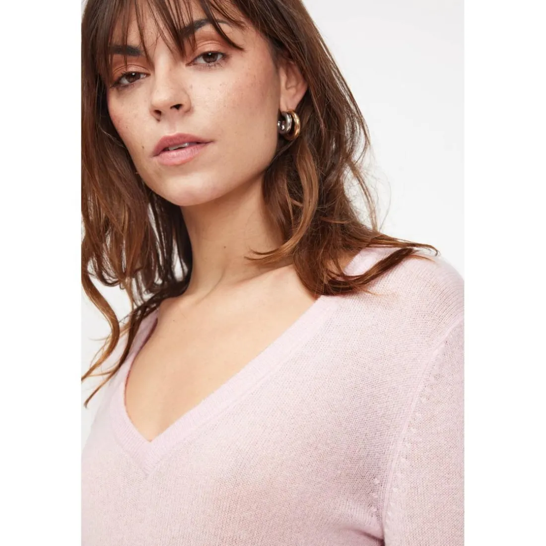 Pull femme col V ZEFINA en cachemire rose perle