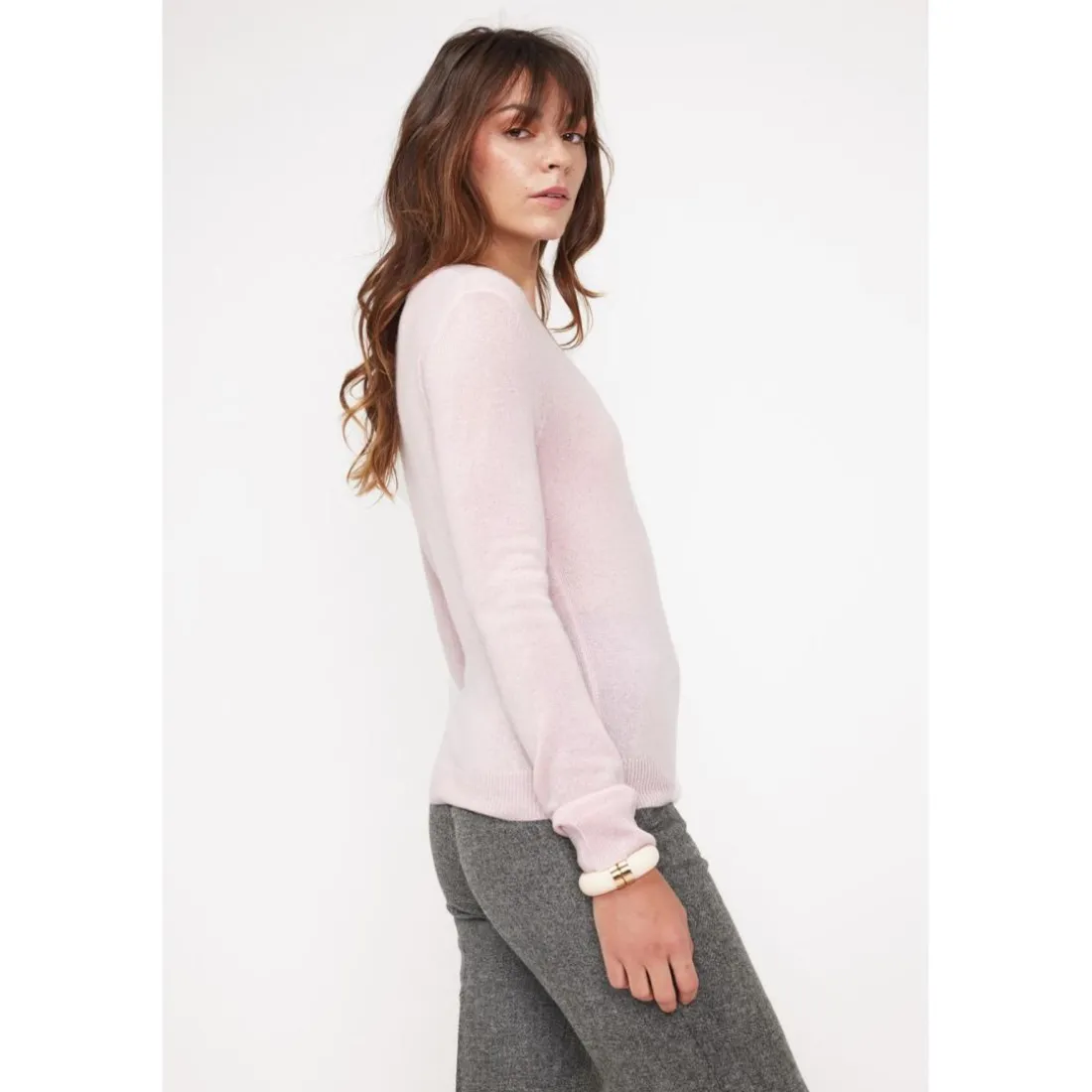 Pull femme col V ZEFINA en cachemire rose perle